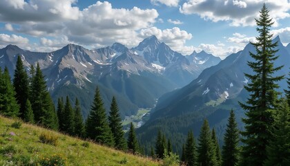 Breathtaking mountain landscape with lush greenery and dramatic clouds in clear blue sky