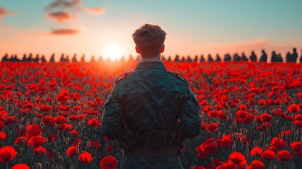 group of soldiers stands solemnly in bright poppy field. Their expressions convey deep contemplation as sun sets highlighting contrast between nature and conflict.