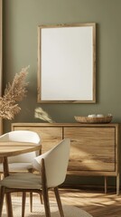 Stylish Interior Featuring a Wooden Sideboard, Minimalist Decor, and a Simple Empty Frame Against a Green Wall in a Cozy Dining Area