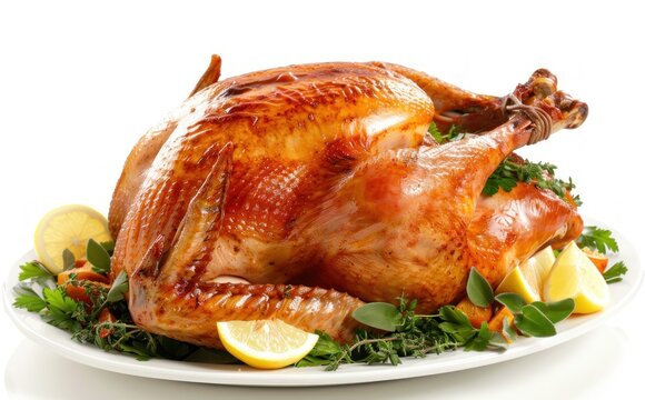 A succulent roasted chicken garnished with herbs and lemon wedges on a clean white table