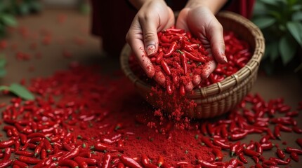 Woman Pouring Chili Peppers