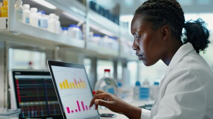 Data scientist focuses on medical analysis software displaying vibrant bar graphs in a sunny office