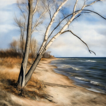 Bare birch tree on sandy beach with rolling ocean waves