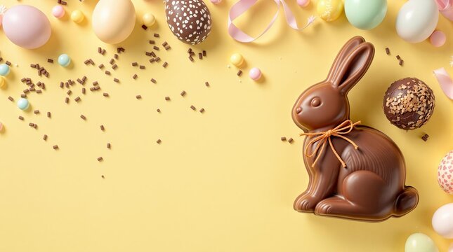 Chocolate easter bunny, eggs and candies on yellow background. Easter holiday sweets for egg hunt. Greeting card, flyer with copy space. Flat lay, top view