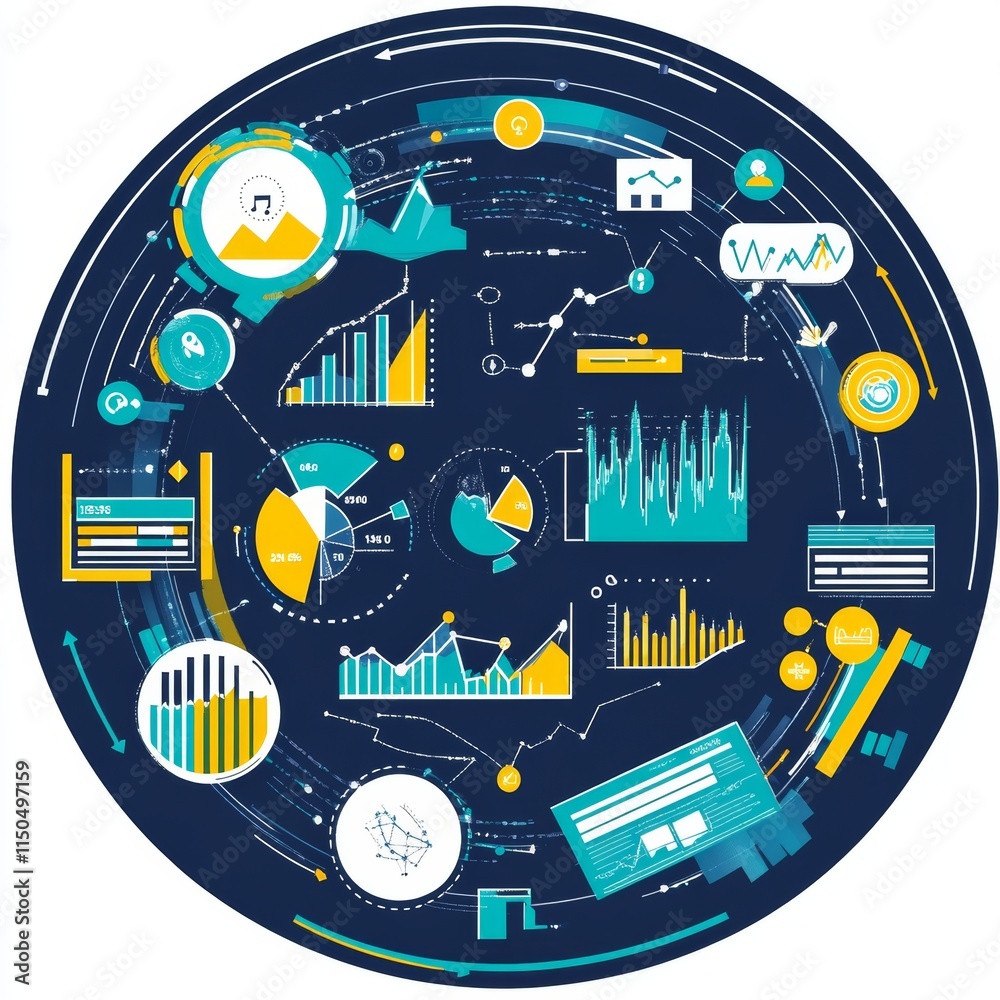 Poster data visualization showcasing various graphs, charts, and metrics in a circular design to represent 