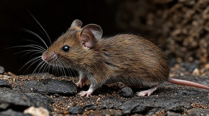 Close-up of a curious brown mouse exploring rocky terrain