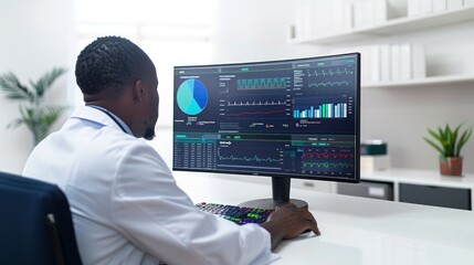 A doctor analyzes health data on a large monitor while surrounded by a tidy office environment
