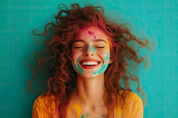 Delighted young woman with closed eyes smiling and shaking curly hair covering with multicolored paint against turquoise background 