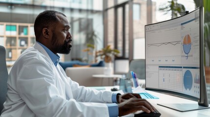 Medical professional analyzes data on a computer in a clean, minimalist office setting