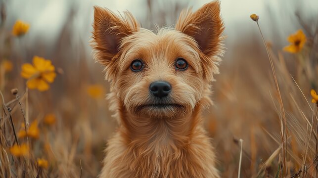 A Portuguese Podengo dog with brown eyes displays a thoughtful expression in the outdoor wilderness