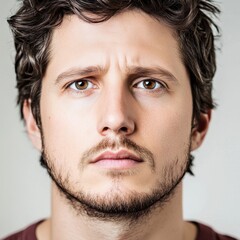Fototapeta premium Young man with expressive eyes and tousled hair presents a thoughtful gaze in neutral lighting