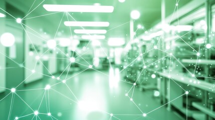 Abstract green network overlay on blurred hospital corridor.
