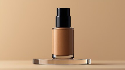 single foundation bottle stands on perfectly mirrored surface reflecting its sleek design. minimalist background features soft gradients enhance product's elegance and allure.