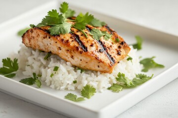 Grilled salmon fillet served over steamed rice with fresh cilantro garnish on a white plate