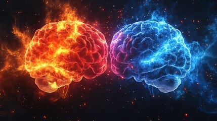 Abstract neon art of brain connectivity, showcasing right and left cerebral hemispheres, ideas, creative thinking, intelligent network, anatomy, information processing, and neuro patterns