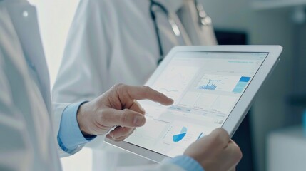 A healthcare professional assesses medical data on a tablet while reviewing charts and graphs