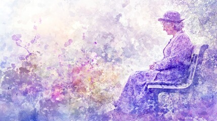 Serene elderly woman sits on a park bench in a dreamy, watercolor-like setting.