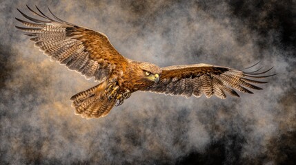Obraz premium Majestic eagle in flight against a dramatic, smoky background.