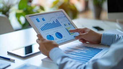 A medical analyst reviews patient data on a tablet, surrounded by charts and instruments