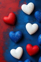 Obraz premium Red blue and white heart arranged over blue red background. Suitable for Valentine's Day