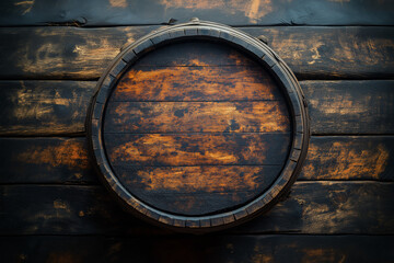 Fototapeta premium Dark wooden background with an old barrel on the wall