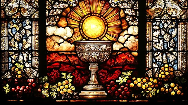 A breathtaking stained glass design of a glowing chalice and host with a radiant halo, clusters of grapes and wheat framing the scene, celestial light and intricate patterns symbolizing the Eucharist.
