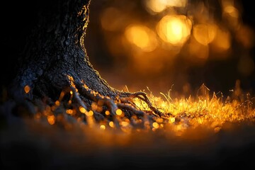 Close-up of tree roots with golden sunlight illuminating dry grass in a forest scene