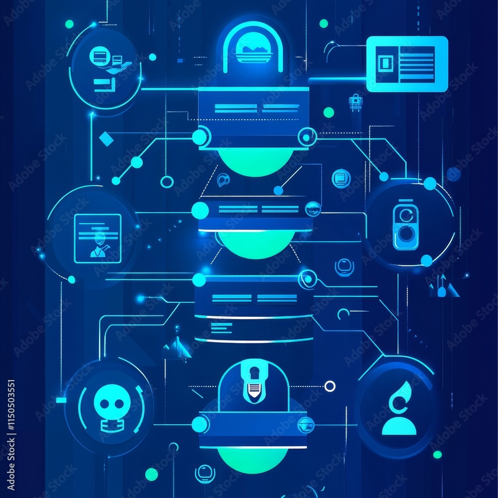 Poster digital security interface showcasing data protection measures, user access controls, and threat det