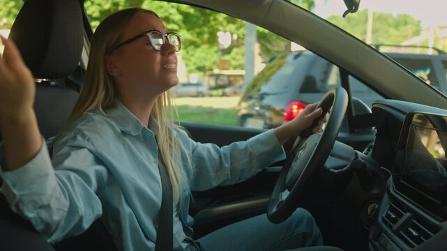 Caucasian woman driver car automobile auto transport vehicle quarrel conflict road traffic jam shouting scream arguing female angry girl businesswoman business city misunderstanding honk talk accident