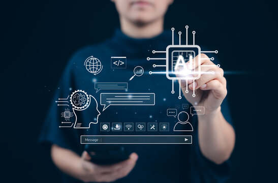 Artificial intelligence and chat AI technology concept. A hand interacting with a virtual AI interface featuring icons related to machine learning, chatbots, and global technology advancements.