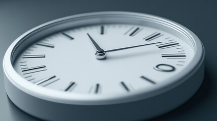 Close-up of a modern white wall clock with Roman numerals, showing the time.