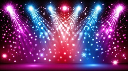 Fototapeta premium Colorful stage spotlights with glitter and sparkles on dark background.