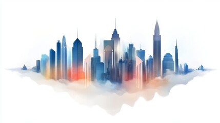Fototapeta premium A vibrant city skyline with colorful abstract designs.