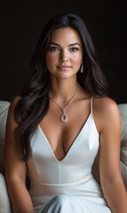 Fototapeta premium Elegant woman in a white gown poses gracefully with stunning jewelry indoors
