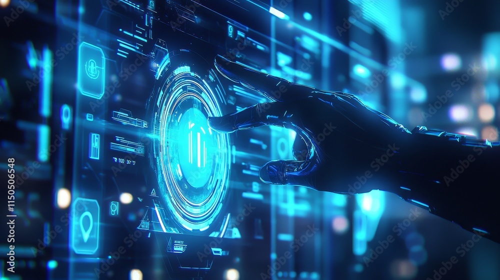 Poster futuristic interface interaction featuring a robotic hand engaging with a glowing data display in a 
