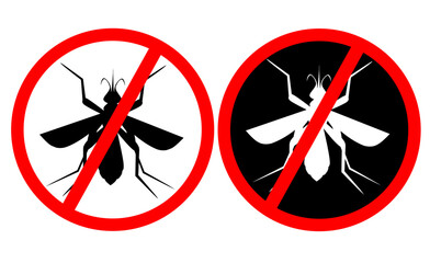 No mosquito fly. Anti gnat or stop midge vector icon, insect repellent spray sign, bite forbidden red cross circle, insects danger and control warning symbol with mosquitoes silhouette