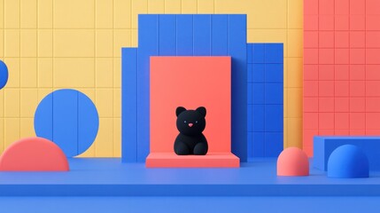 Fototapeta premium Black bear figurine on coral platform amidst colorful geometric shapes.