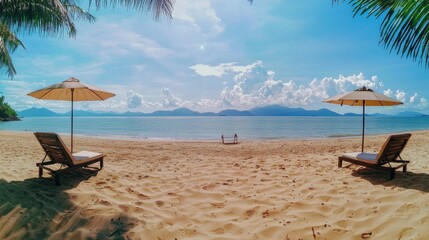 Fototapeta premium Beautiful panoramic sea sand sky. Tropical relax beach sunny summer island landscape. Love couple chairs umbrella palm leaves romantic coast. Luxury travel destination. Honeymoon vacation best holiday