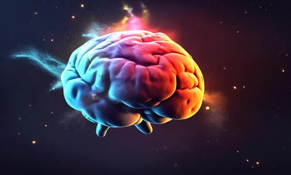Colorful human brain with vibrant nebula.