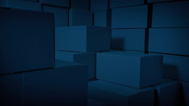 Warehouse Room With Many Boxes In The Dark
