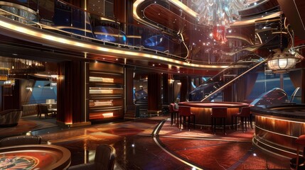 Luxurious casino interior with gaming tables, bar, and elegant decor.