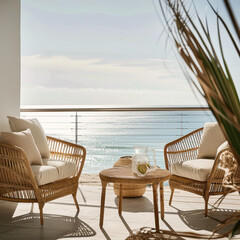 Fototapeta premium Oceanfront balcony with wicker seating and refreshing drink on table