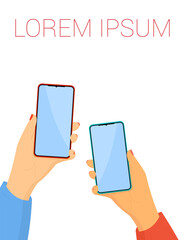 Banner with several hands holding smartphones with blank screens. Chatting. Exchange numbers, communicate on social networks. Mobile photography.