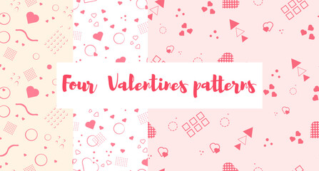 Set of three patterns with geometric elements and hearts. Patterns in retro colors. Abstract background. Valentine's Day. Pattern on different backgrounds. Fabric, paper, packaging, wrapping, etc.