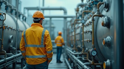 Fototapeta premium Biofuel Refinery Workers Monitoring Production Tanks