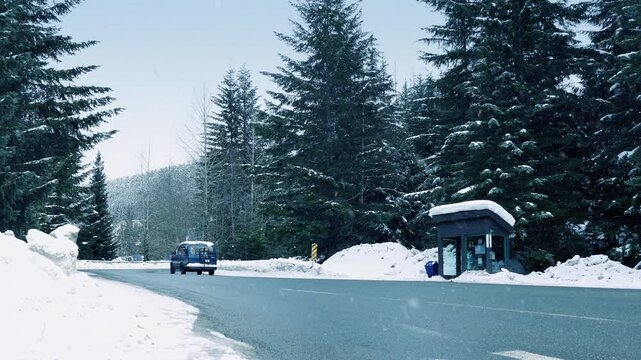 Winter Forest Landscape With Passing Van