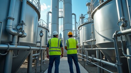 Biofuel Refinery Workers Monitoring Production Tanks
