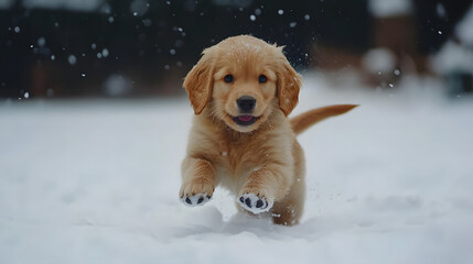 A playful golden retriever puppy bounding in the snow before sitting to face the lens with a wagging tail.