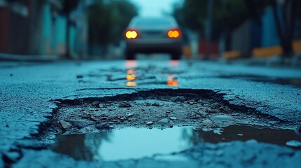 Potholes on a road leading to a car with its lights on.