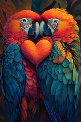 Fototapeta premium Colorful macaws express love on Valentine's Day with a heart symbol in a vibrant jungle setting